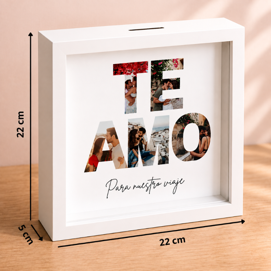 Medidas de hucha personalizada TE AMO con fotos y ranura superior para monedas