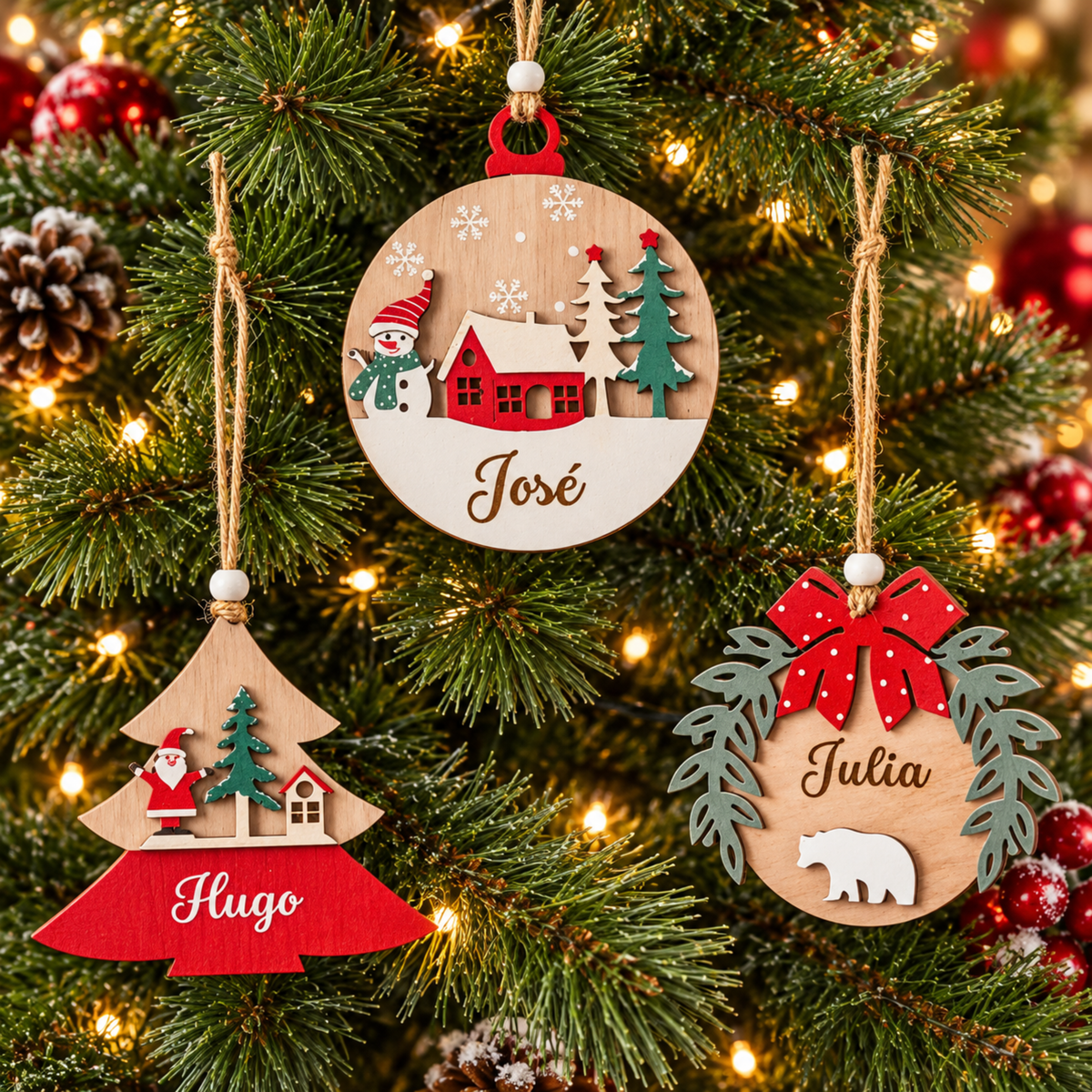 Pack 3 adornos Navidad personalizados en madera
