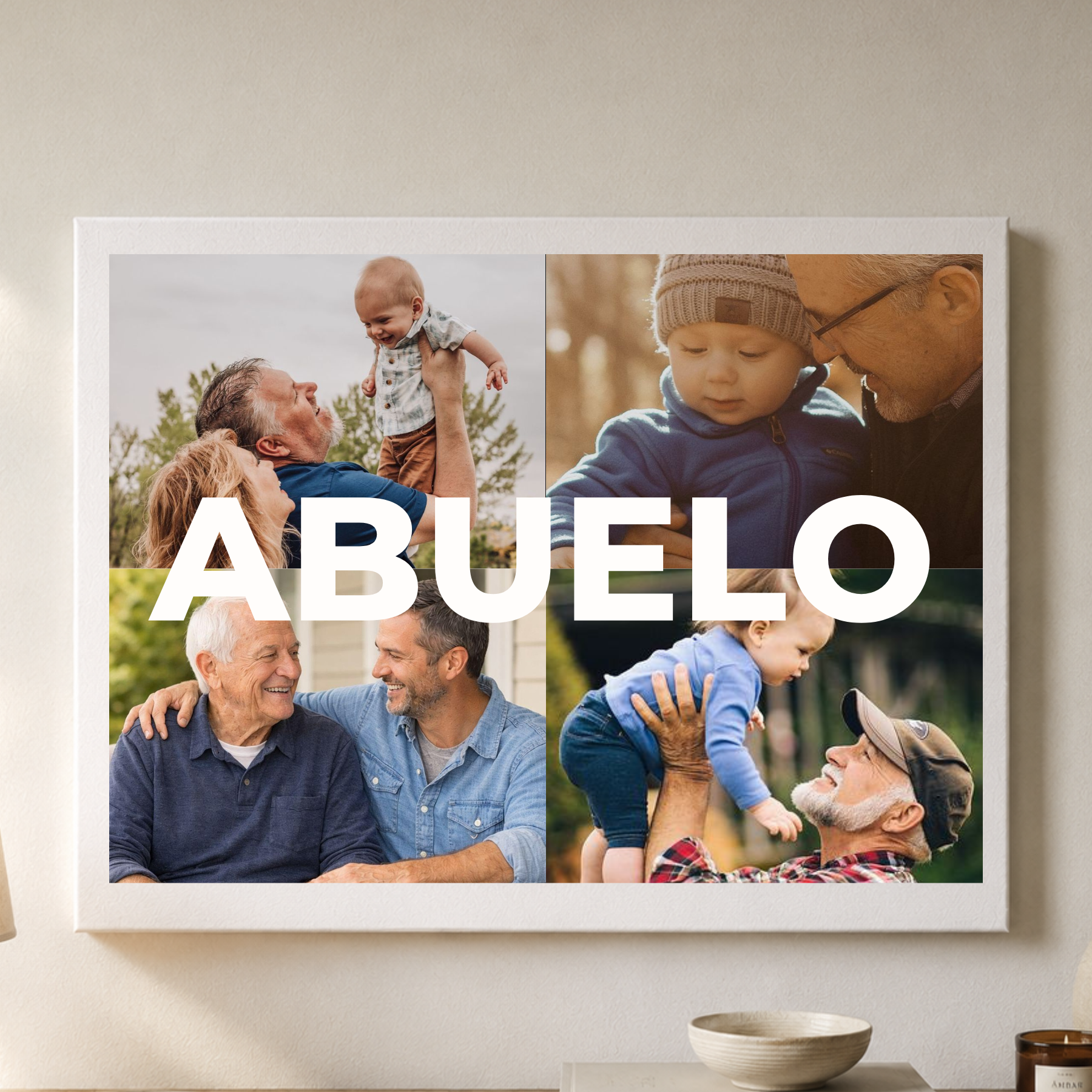 Lienzo Personalizado para Abuelo con 4 Fotos y Texto Central