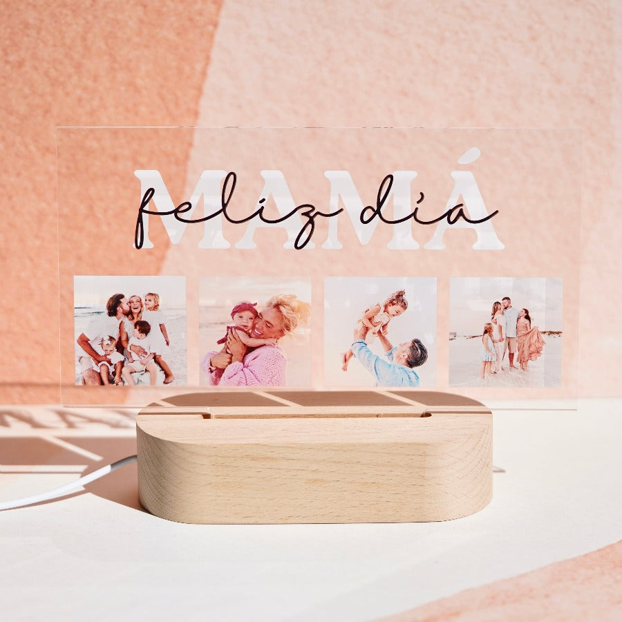 Lámpara horizontal para mamá con cuatro fotos familiares y diseño Feliz Día sobre base de madera