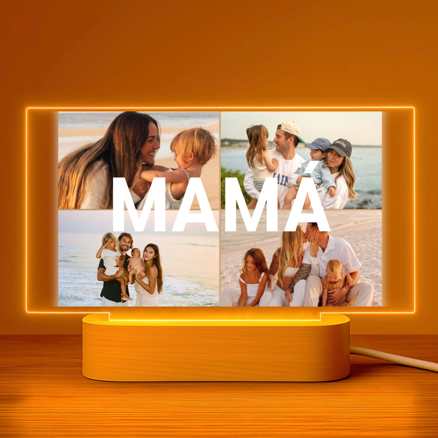 Lámpara personalizada para mamá con collage de 4 fotos y base de luz de madera