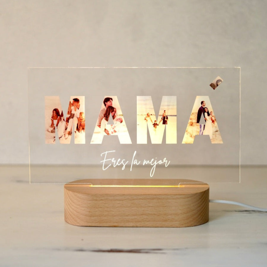Lámpara horizontal para mamá con fotos familiares y mensaje Eres la mejor
