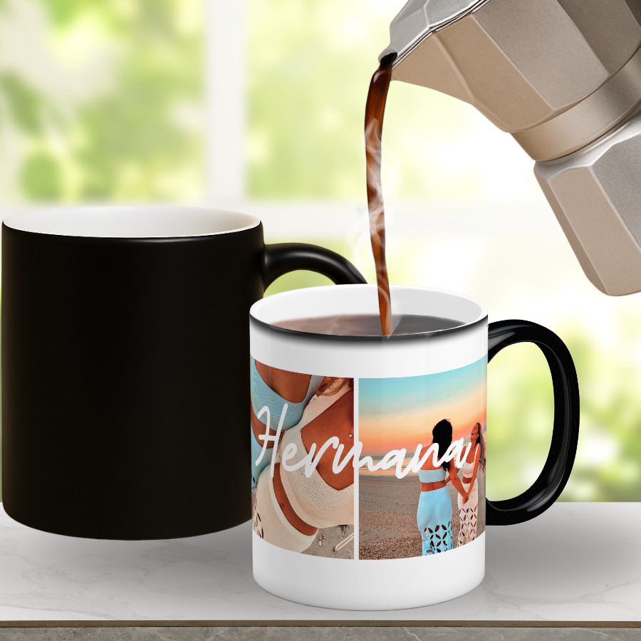 Taza mágica ✨ hermana con dos fotos, ¿Buscas un regalo original para tu hermana ? 🎁 Descubre nuestras tazas personalizadas para tu persona favorita: especiales, emotivas y listas en 48h. ¡Le encantará! 