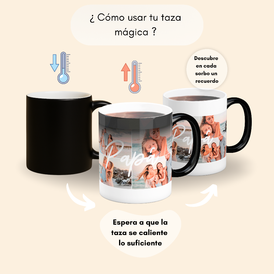 Taza mágica ✨ Papá con 4 fotos, ¿Buscas un regalo original para tu padre ? 🎁 Descubre nuestras tazas personalizadas para tu persona favorita: especiales, emotivas y listas en 48h. ¡Le encantará!