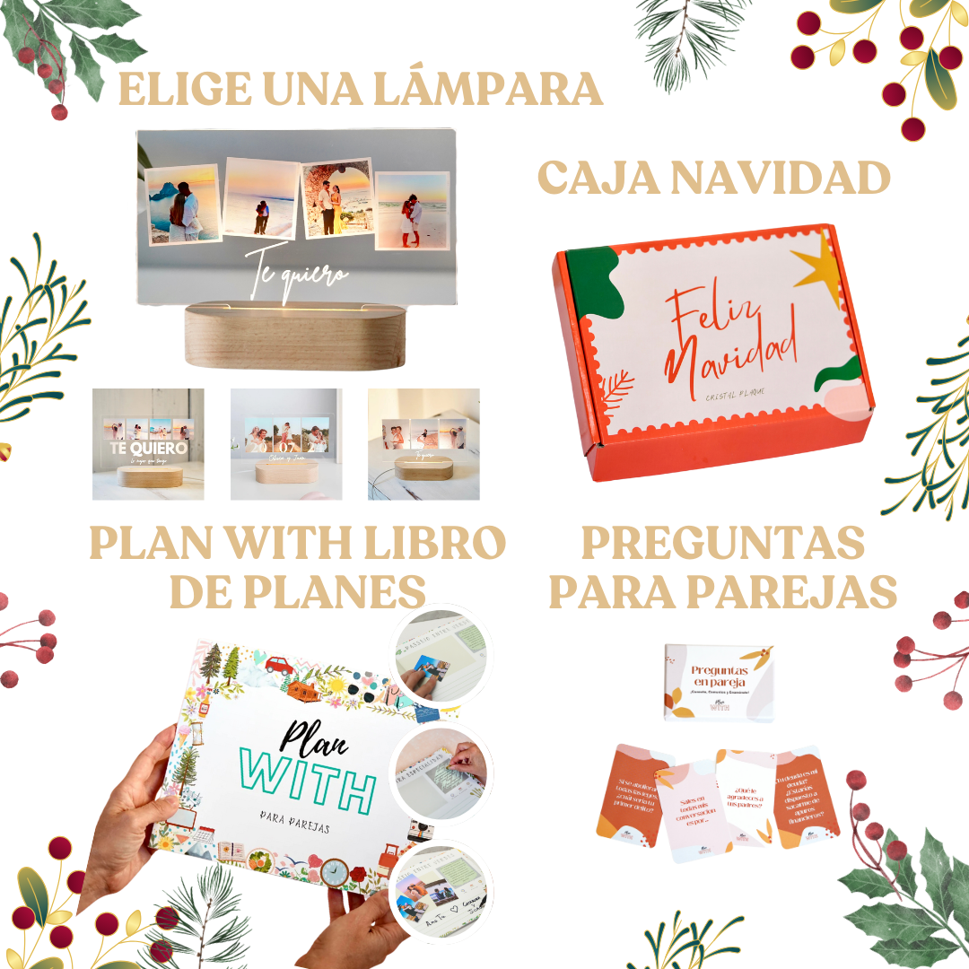 Set especial de navidad ideal para regalar a tu pareja incluye esta lámpara con los mejores momentos del año, libro de plan with de parejas para llenaros de aventuras, las cartas de plan with y presentado con la caja especial de navidad