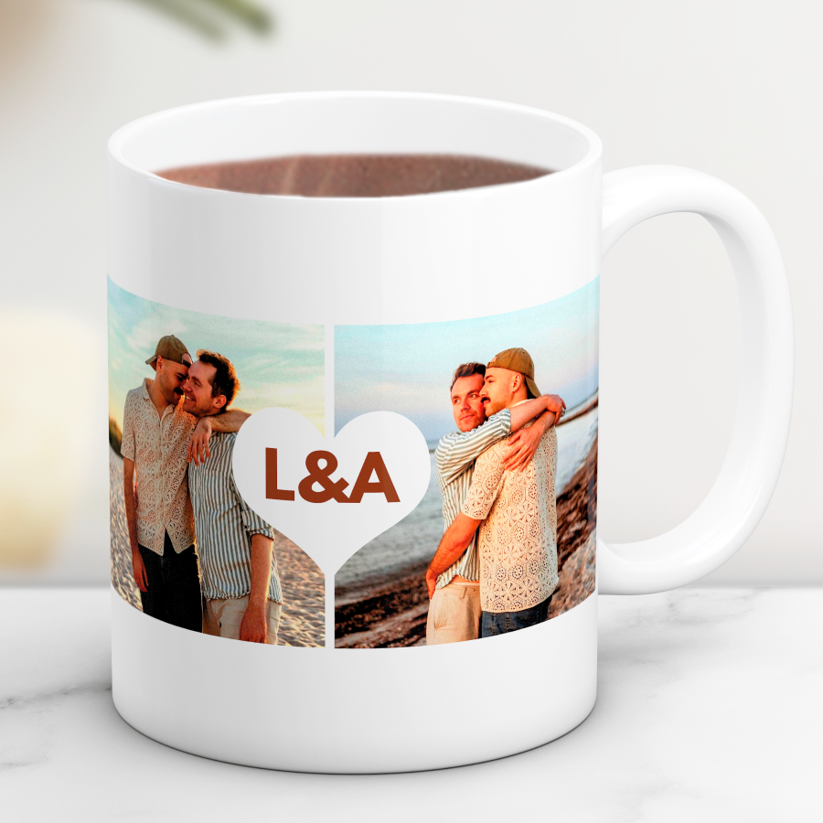 Convierte vuestros momentos más especiales en una taza única llena de amor, color y orgullo. Personalízala con 2 fotos favoritas y un diseño con corazón para crear un regalo original que celebre vuestra historia cada día.
