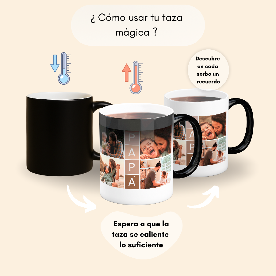 Taza mágica ✨ papá con fotos, ¿Buscas un regalo original para tu padre ? 🎁 Descubre nuestras tazas personalizadas para tu persona favorita: especiales, emotivas y listas en 48h. ¡Le encantará! 